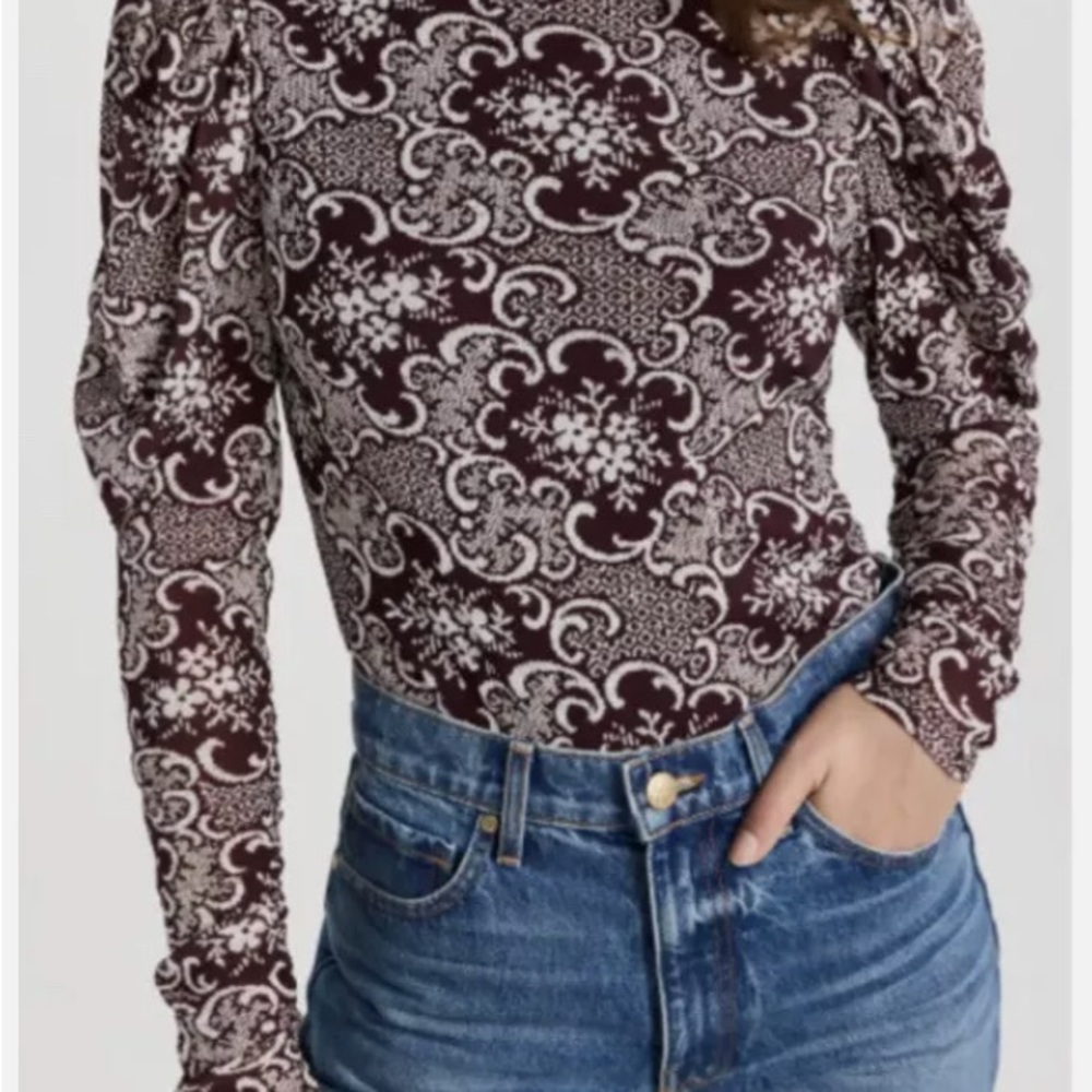 Rebecca Taylor Burgundy and Cream Paisley Long-Sleeve Top